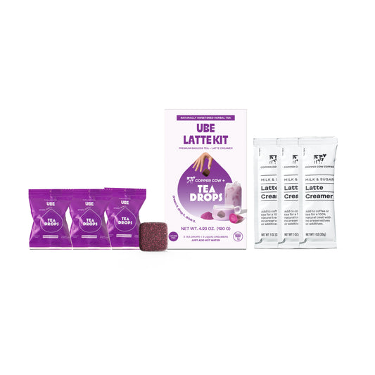 Tea Drops Latte Trio Kit | Organic Dissolvable Bagless Loose Leaf Tea |  Iced or Hot Caffeinated and Decaf | Ube, Chai, Matcha, Sweet Condensed Milk